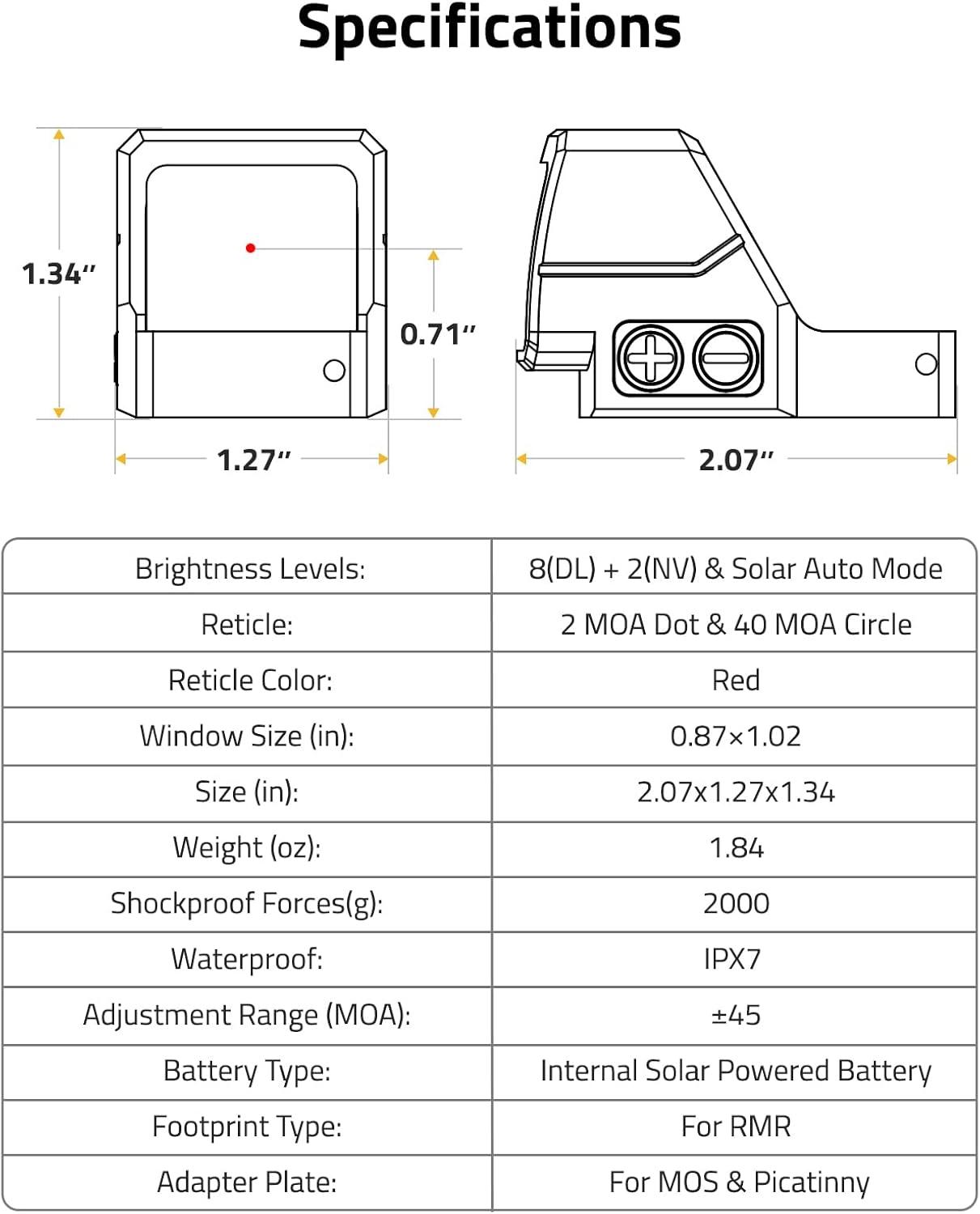 image:imageCVLIFE WildHawk Solar Auto Brightness Red Dot Sight for RMR 2MOA Dot amp 40MOA Circle Large Lens Open Reflex Optics Motion Awake Red Dot Scope with Adapter for MOS amp 21mm Picatinny Absolute Cowitness