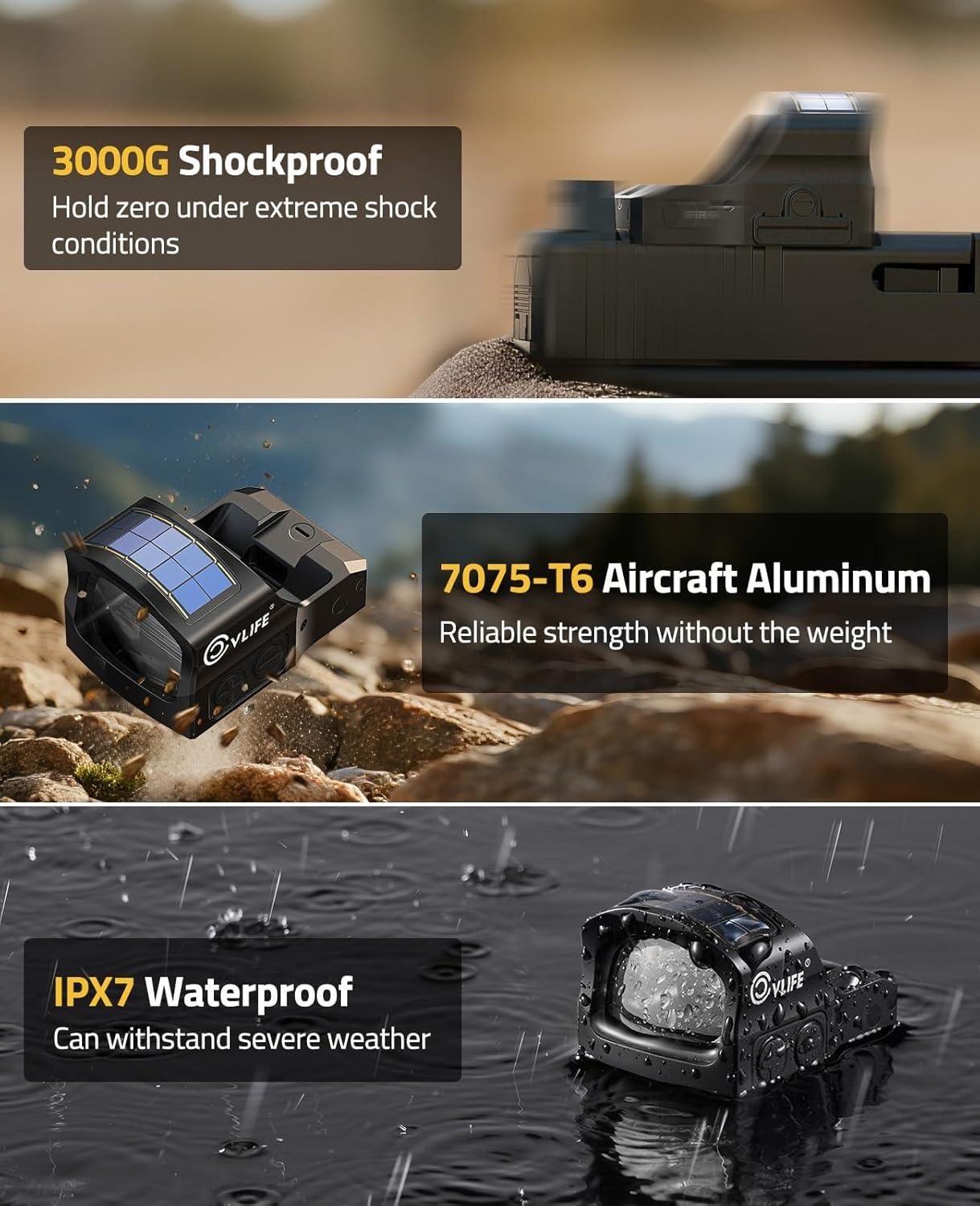 image:imageCVLIFE WildHawk X Solar Auto Brightness RedGreen Dot Sight for RMR amp FullSized Setups 2 MOA Dot amp 4832 MOA Circle Open Reflex Optics Motion Awake 3000G Shockproof with Adapter for MOS amp PicatinnyGreen 2 MOA Dot 32 MOA Circle