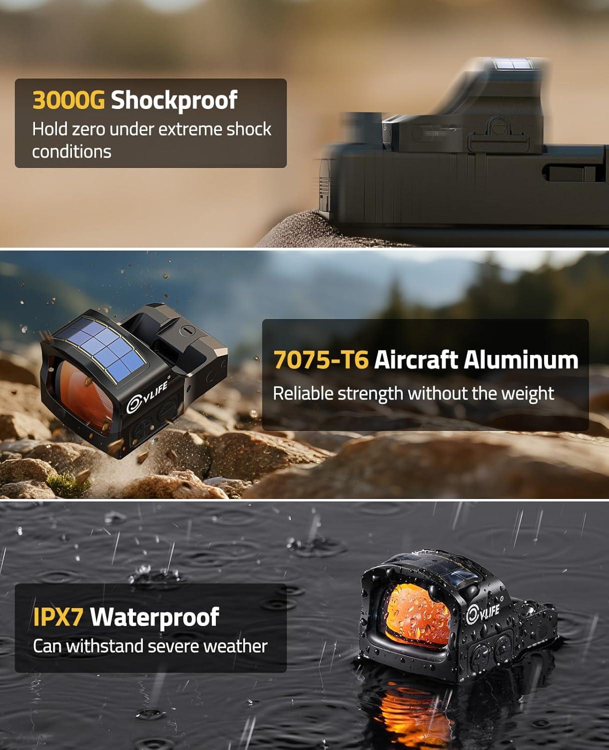 image:imageCVLIFE WildHawk X Solar Auto Brightness RedGreen Dot Sight for RMR amp FullSized Setups 2 MOA Dot amp 4832 MOA Circle Open Reflex Optics Motion Awake 3000G Shockproof with Adapter for MOS amp PicatinnyRed 2 MOA Dot 48 MOA Circle