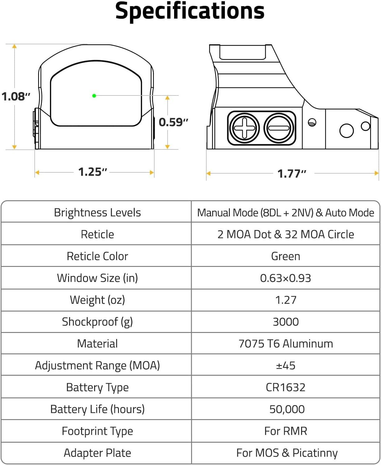 image:imageCVLIFE WildHawk X Solar Auto Brightness RedGreen Dot Sight for RMR amp FullSized Setups 2 MOA Dot amp 4832 MOA Circle Open Reflex Optics Motion Awake 3000G Shockproof with Adapter for MOS amp PicatinnyGreen 2 MOA Dot 32 MOA Circle