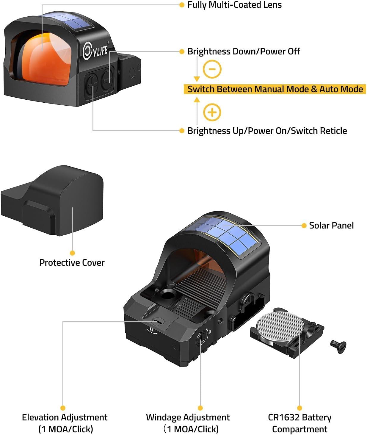 image:imageCVLIFE WildHawk X Solar Auto Brightness RedGreen Dot Sight for RMR amp FullSized Setups 2 MOA Dot amp 4832 MOA Circle Open Reflex Optics Motion Awake 3000G Shockproof with Adapter for MOS amp PicatinnyRed 2 MOA Dot 48 MOA Circle