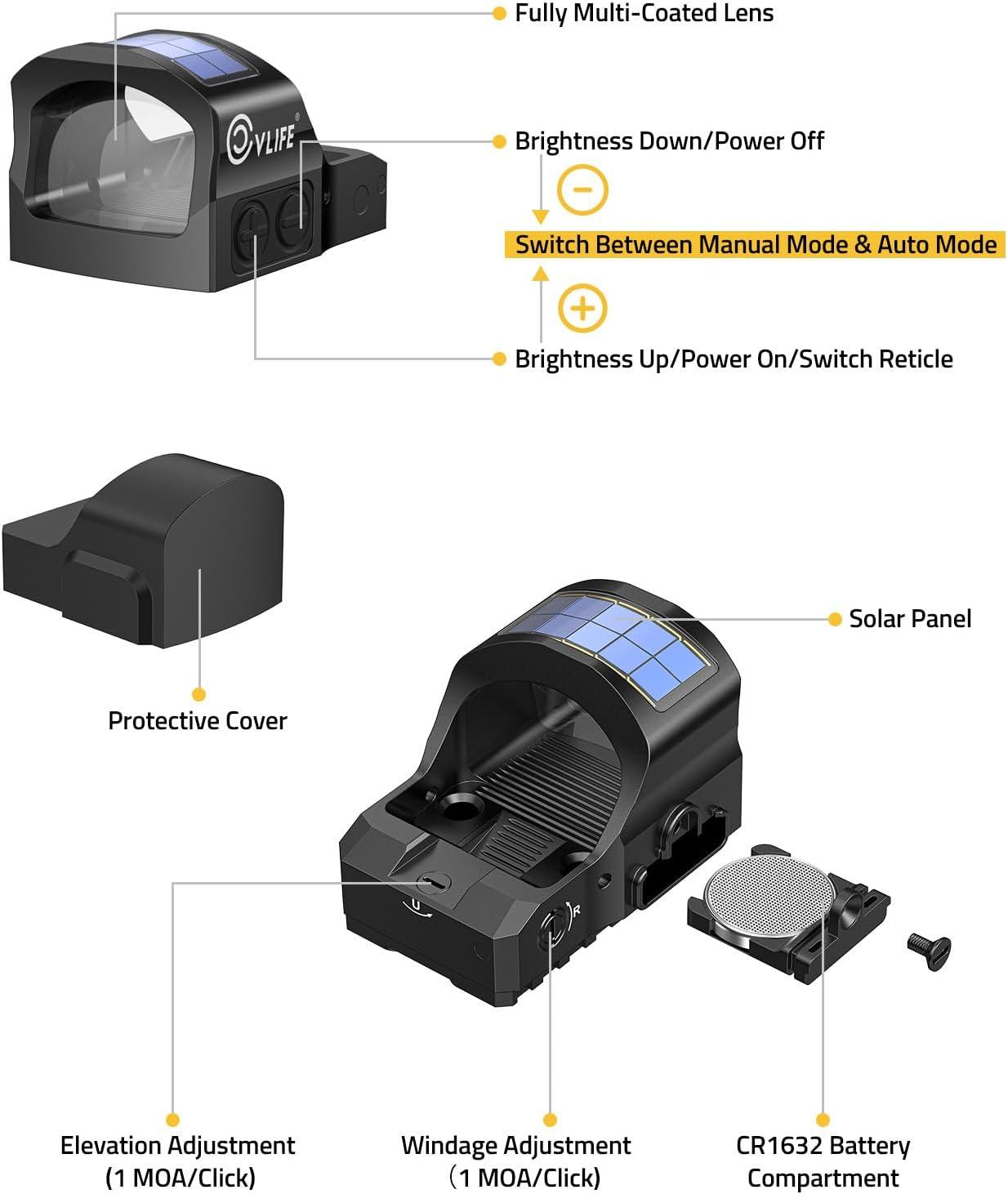 image:imageCVLIFE WildHawk X Solar Auto Brightness RedGreen Dot Sight for RMR amp FullSized Setups 2 MOA Dot amp 4832 MOA Circle Open Reflex Optics Motion Awake 3000G Shockproof with Adapter for MOS amp PicatinnyGreen 2 MOA Dot 32 MOA Circle