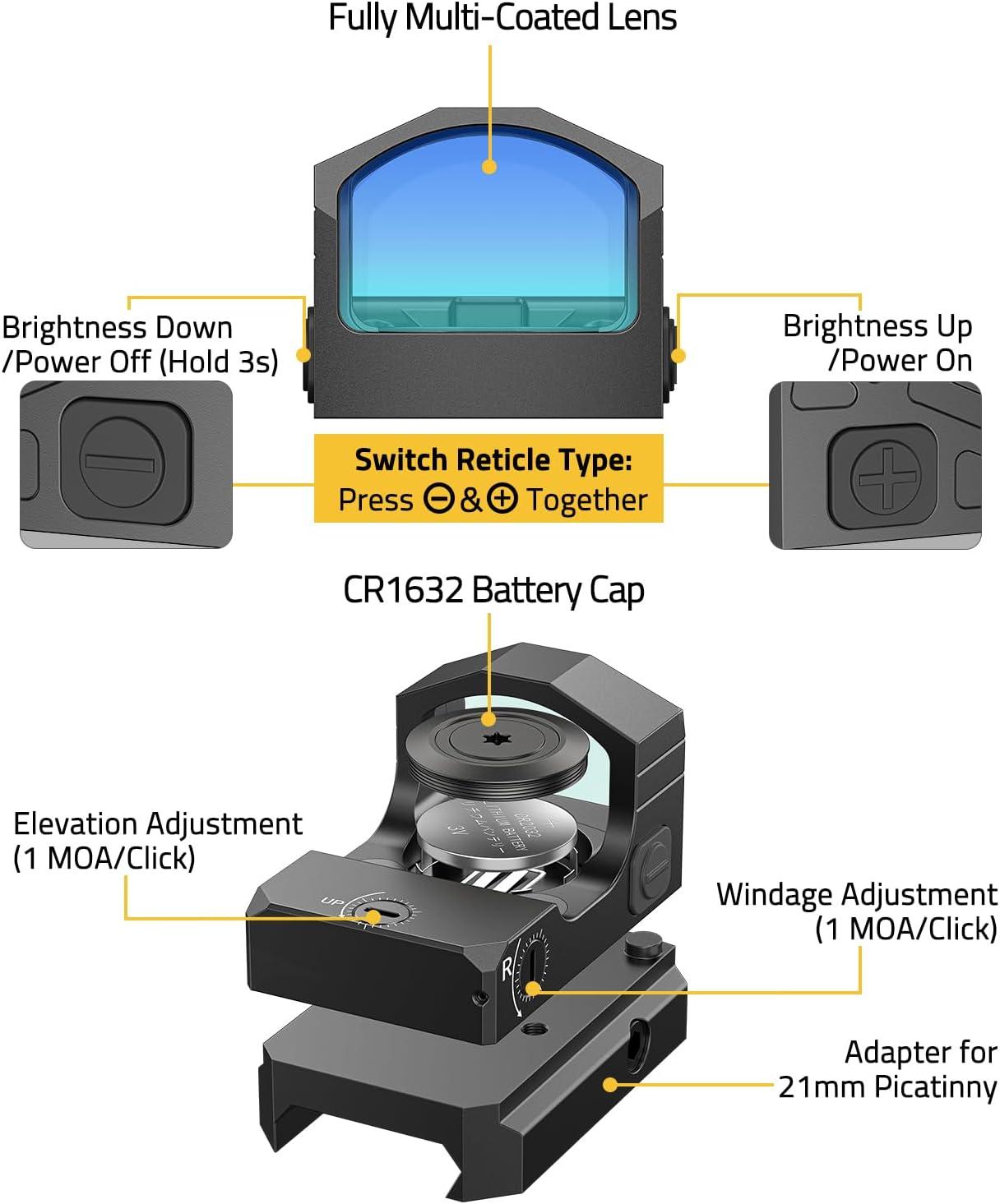image:imageCVLIFE WolfCovert 4Reticle 2000G Shockproof RedGreen Dot Sight for RMR Motion Awake 32 MOA Circle amp 3 MOA Dot Reflex Sight for FullSized Pistol Optics Scope with Adapter for MOS amp 21MM PicatinnyGREEN DOT