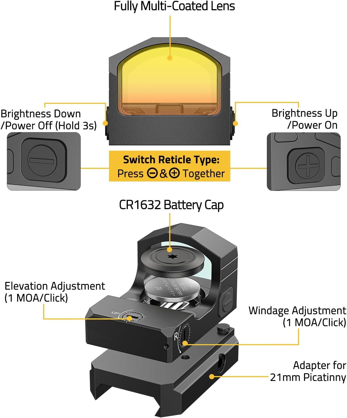 image:imageCVLIFE WolfCovert 4Reticle 2000G Shockproof RedGreen Dot Sight for RMR Motion Awake 32 MOA Circle amp 3 MOA Dot Reflex Sight for FullSized Pistol Optics Scope with Adapter for MOS amp 21MM PicatinnyRed Dot