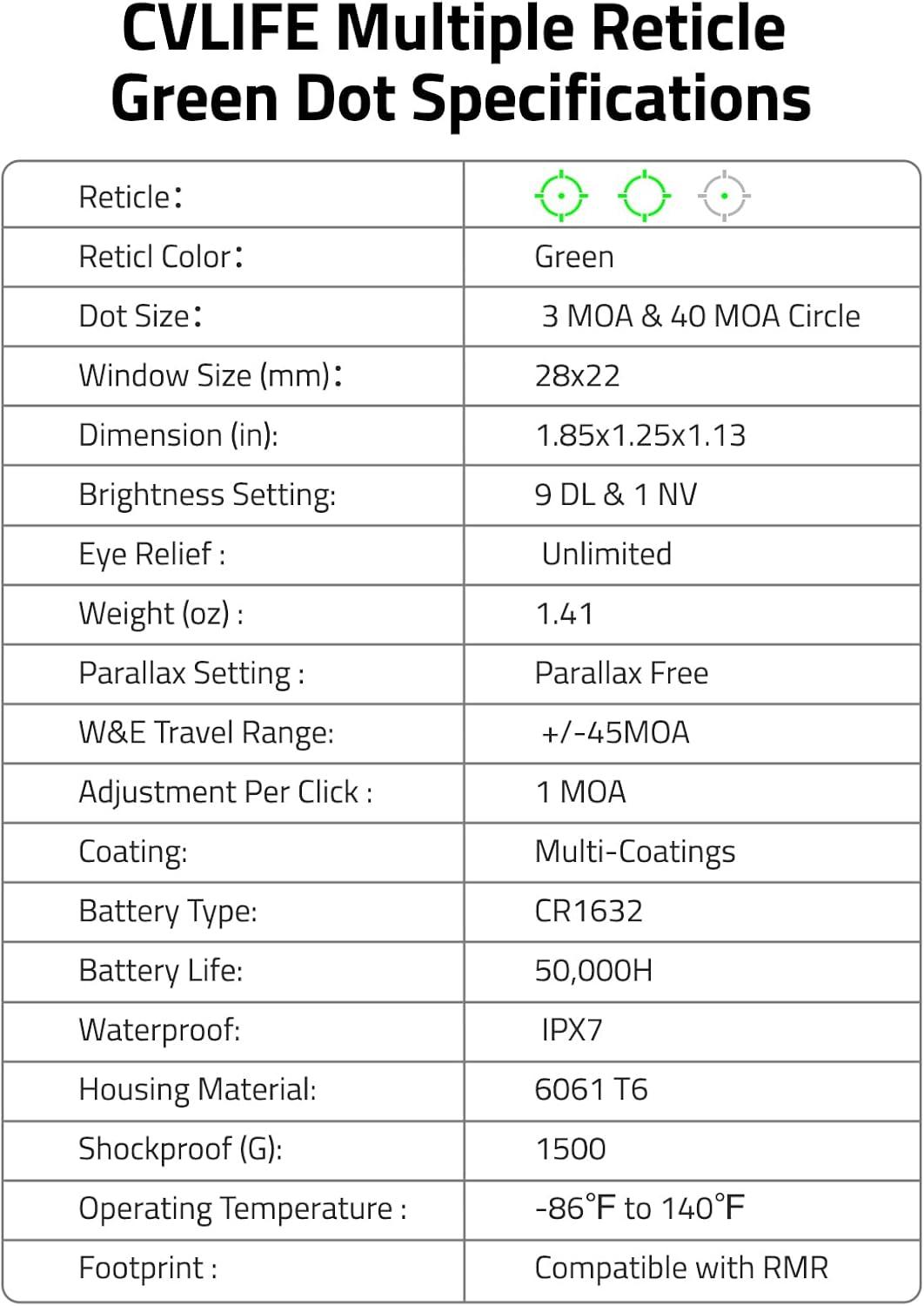 image:imageCVLIFE WolfCovert X S02 FullSized Multiple Reticle Green Dot 3 MOA Dot amp 40 MOA Circle Optic Motion Awake Green Dot for RMR 28mm Large Len with Adapter Plate for MOS amp 21mm Picatinny