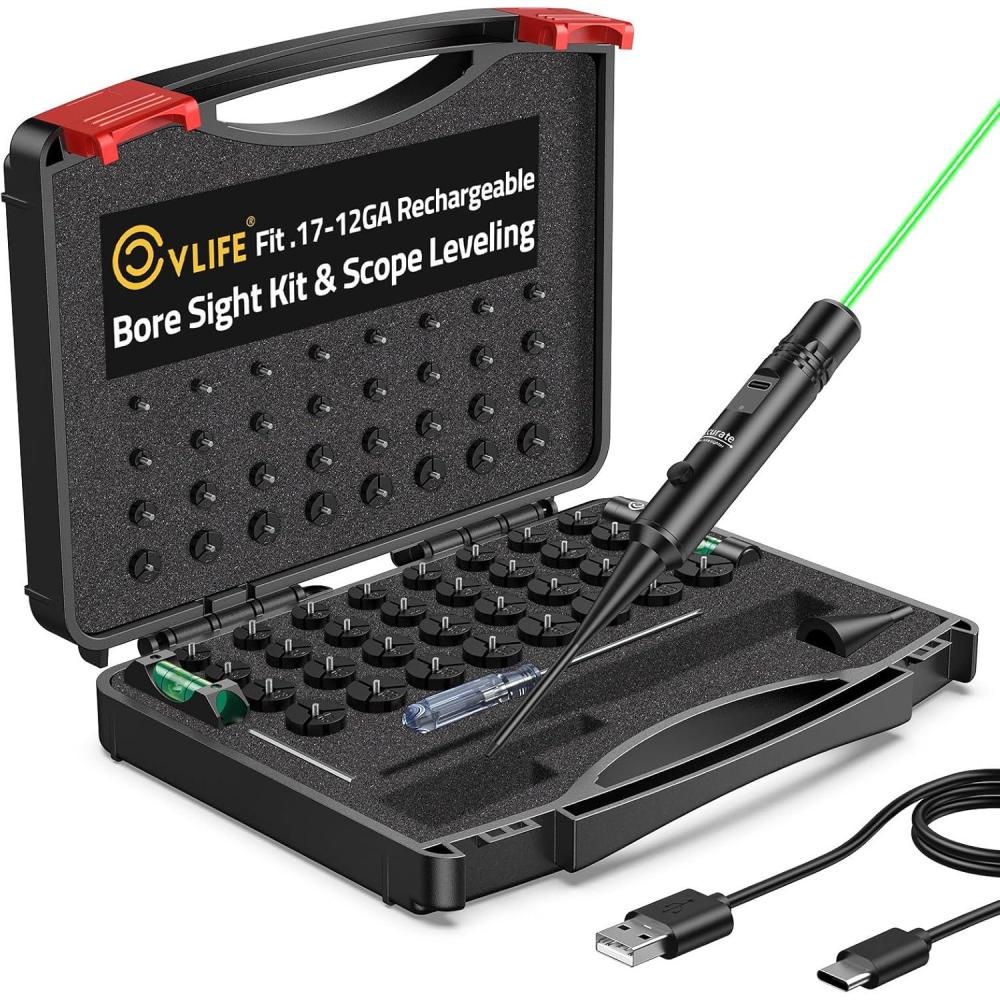 image:imageCVLIFE Rechargeable GreenRed Laser Bore Sight Kit with 64 Caliber Adapters for 17 to 12GA Magnetic Scope Leveling Tool amp Scope LevelGreen Laser