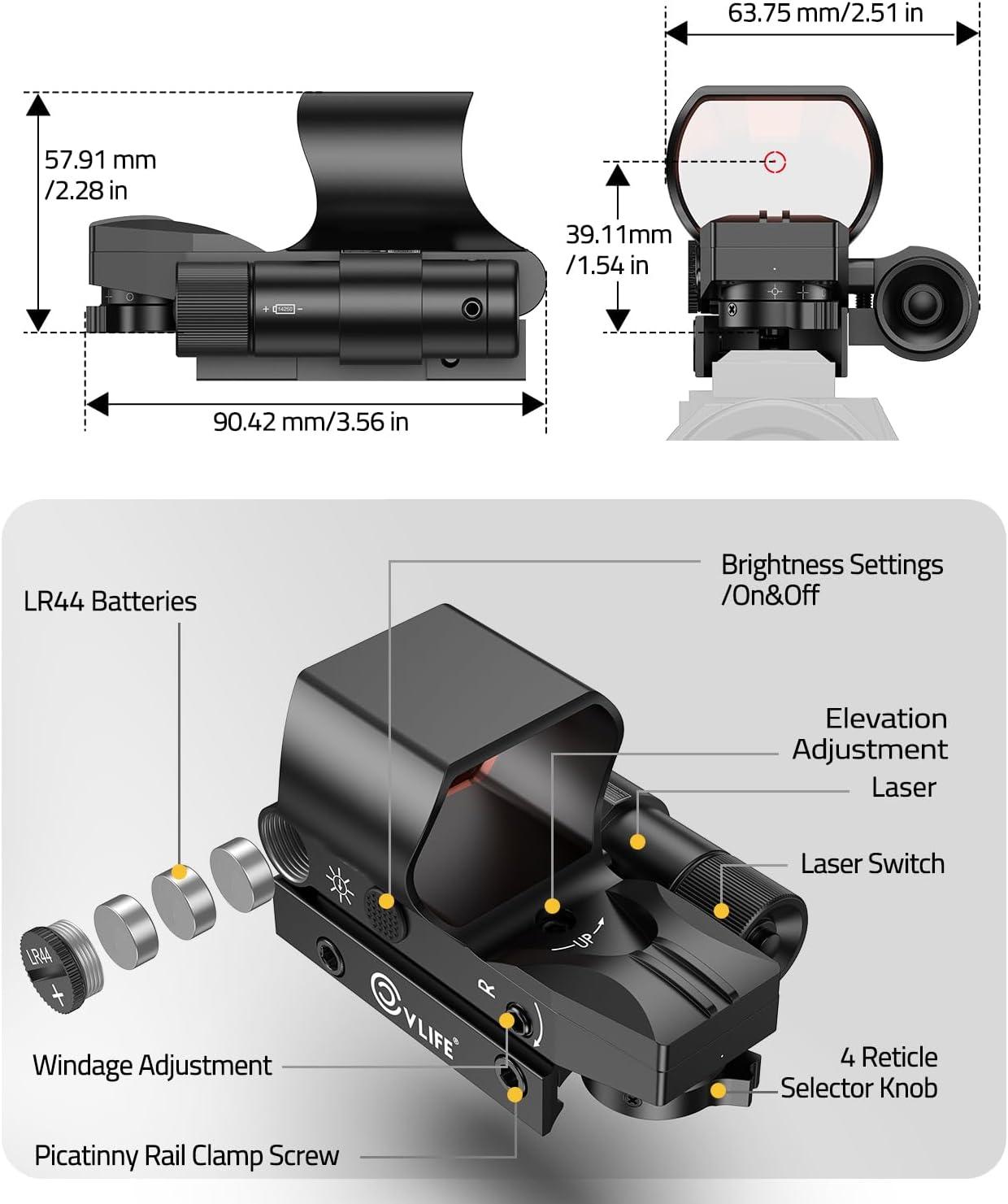 image:imageCVLIFE 2840mm Large Lens Reflex Sight Red Dot Sight for Rifle4 Reticle Optics with Laser and Pressure Pad Switch for 21mm Railgreen laser