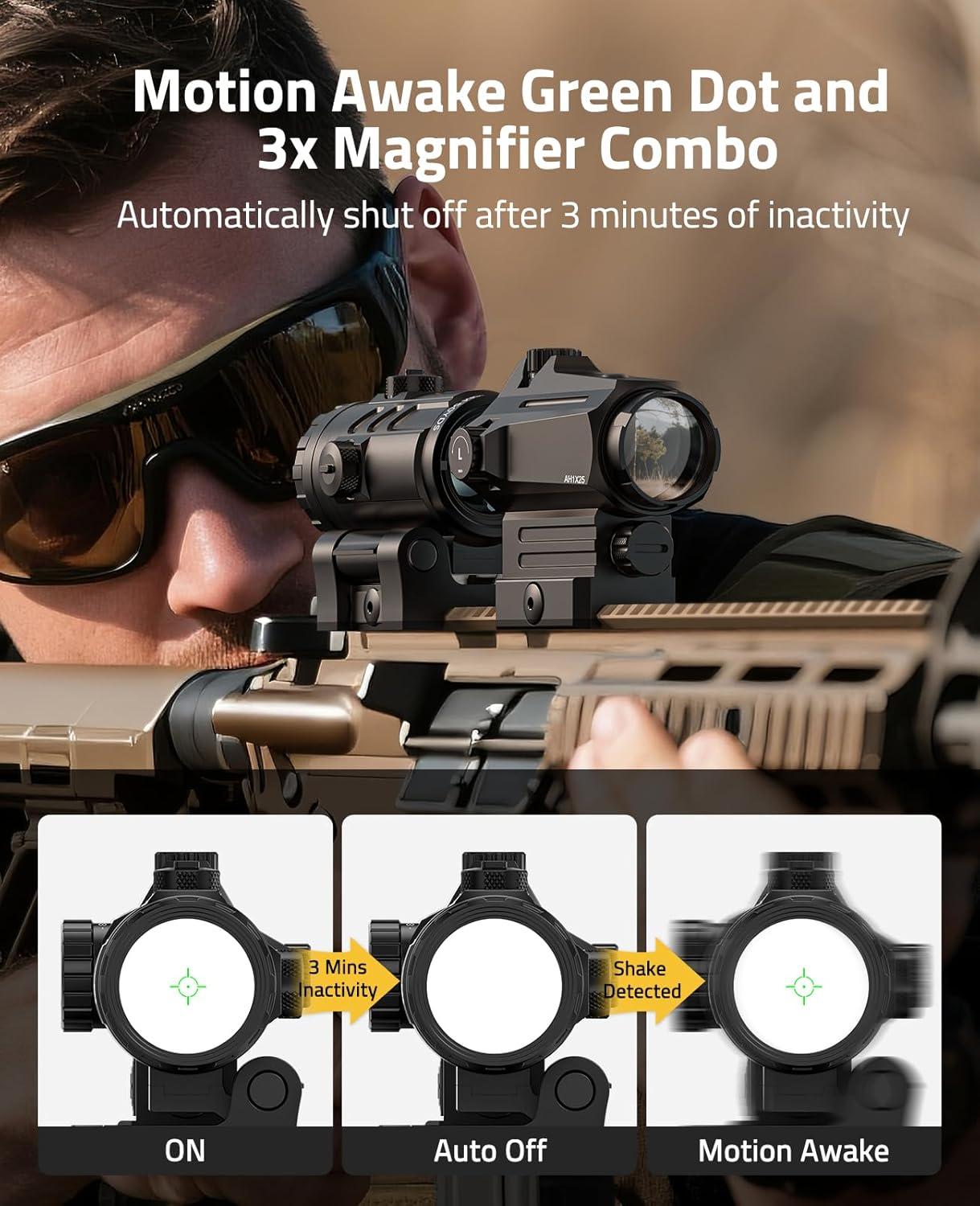 image:imageCVLIFE EagleTalon Multi Reticle AutoBrightness Red Dot and 3X Magnifier Combo295in Eye Relief25MM Large Lens Motion Awake Red Dot Sight and Compact Magnifier with Quick Detach Mountgreen dot