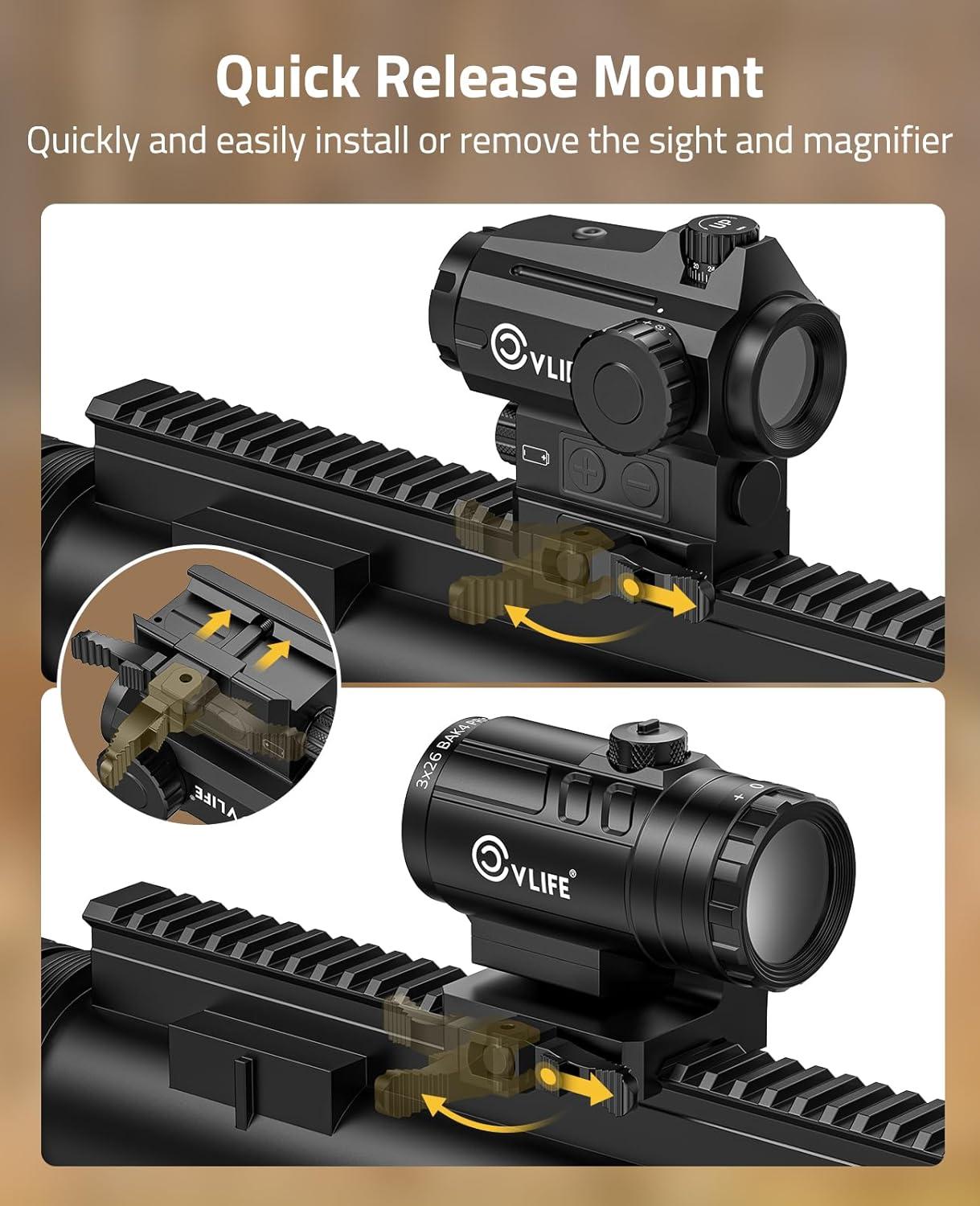 image:imageCVLIFE EagleTalon Multi Reticle AutoBrightness Red Dot and 3X Magnifier Combo295in Eye Relief25MM Large Lens Motion Awake Red Dot Sight and Compact Magnifier with Quick Detach Mountgreen dot
