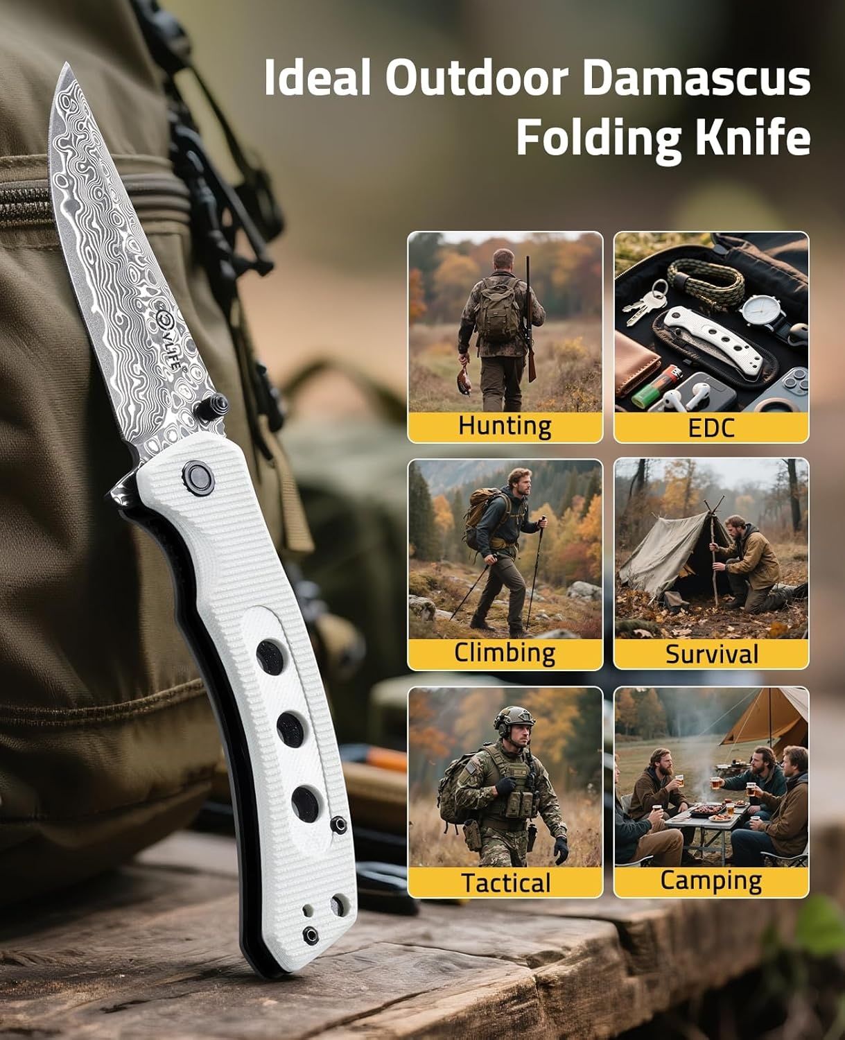 image:imageCVLIFE Damascus Pocket Knife for Men 326 EDC Folding Knife Forged with 66Layer VG10 Steel Smooth Flipper Open Pocket Knives with G10 Handle for Camping Hiking Everyday Carry WhiteWhite