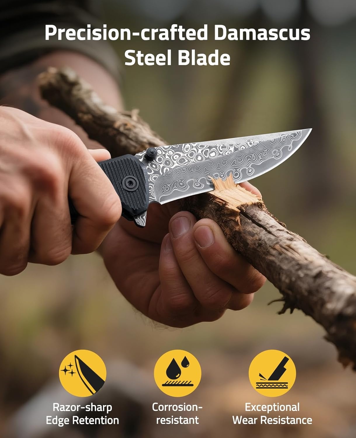 image:imageCVLIFE Damascus Pocket Knife for Men 326 EDC Folding Knife Forged with 66Layer VG10 Steel Smooth Flipper Open Pocket Knives with G10 Handle for Camping Hiking Everyday Carry WhiteBlack