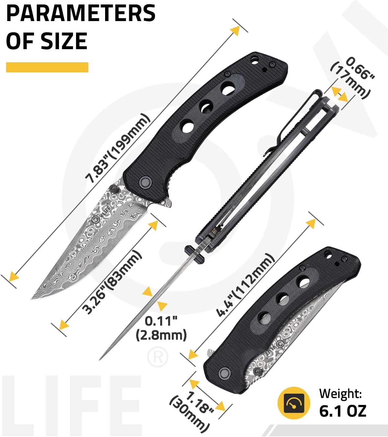 image:imageCVLIFE Damascus Pocket Knife for Men 326 EDC Folding Knife Forged with 66Layer VG10 Steel Smooth Flipper Open Pocket Knives with G10 Handle for Camping Hiking Everyday Carry WhiteBlack