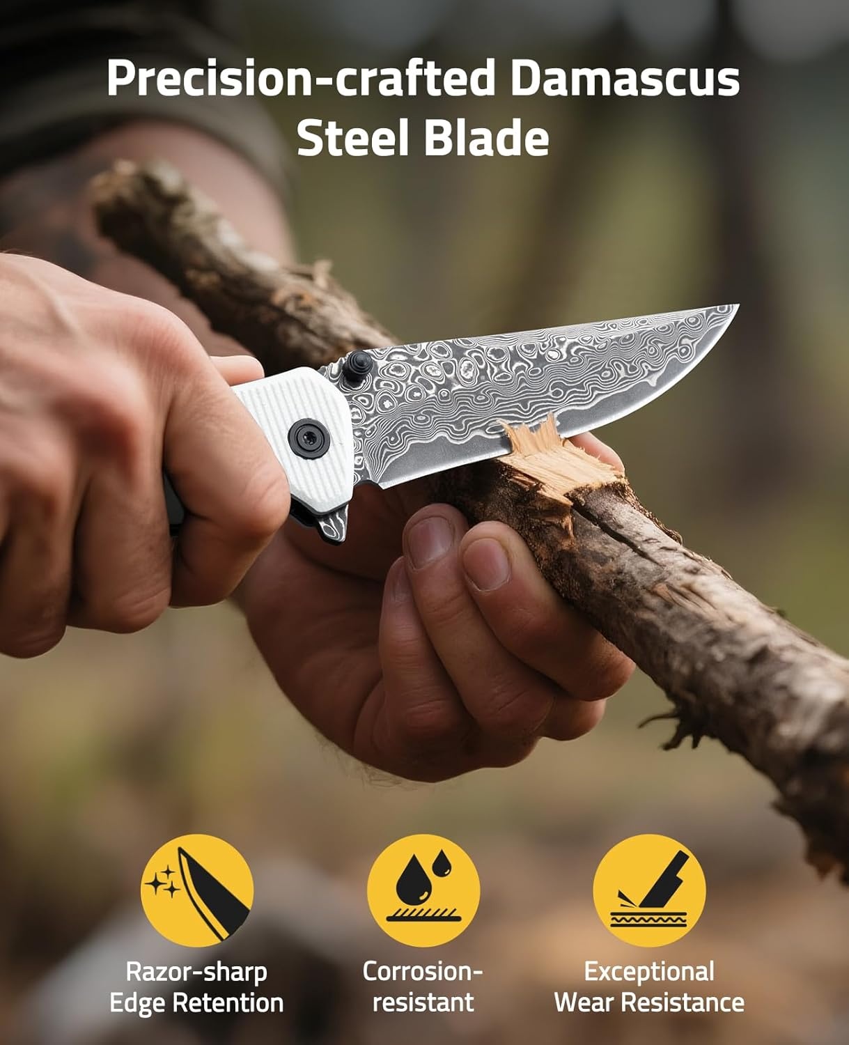 image:imageCVLIFE Damascus Pocket Knife for Men 326 EDC Folding Knife Forged with 66Layer VG10 Steel Smooth Flipper Open Pocket Knives with G10 Handle for Camping Hiking Everyday Carry WhiteWhite