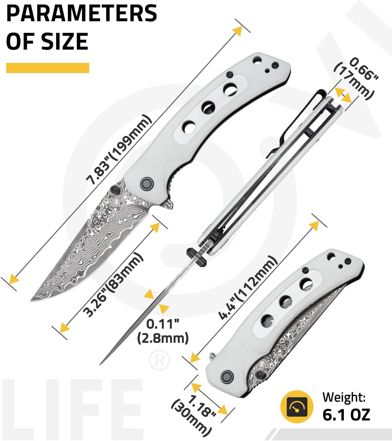 image:imageCVLIFE Damascus Pocket Knife for Men 326 EDC Folding Knife Forged with 66Layer VG10 Steel Smooth Flipper Open Pocket Knives with G10 Handle for Camping Hiking Everyday Carry WhiteWhite