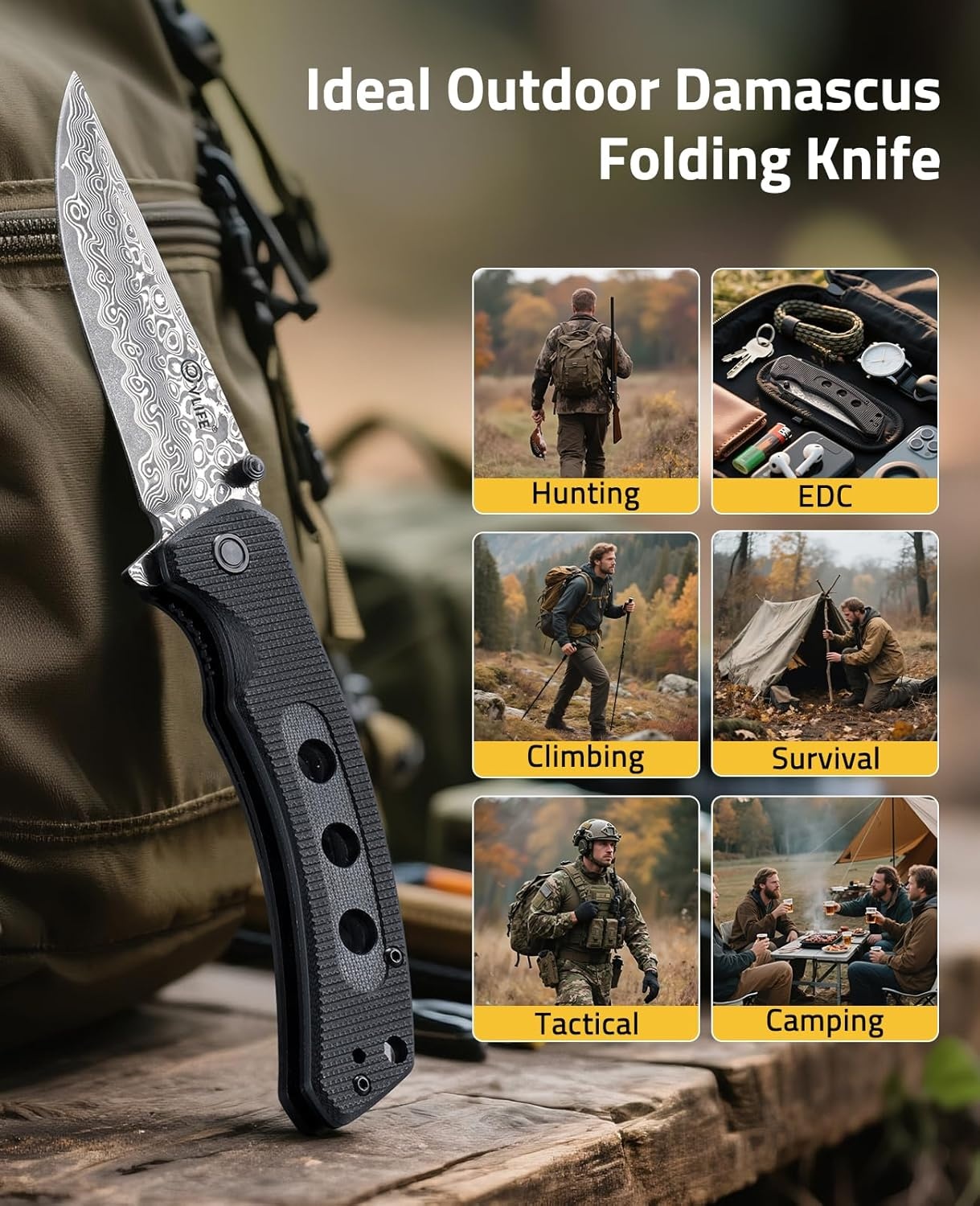 image:imageCVLIFE Damascus Pocket Knife for Men 326 EDC Folding Knife Forged with 66Layer VG10 Steel Smooth Flipper Open Pocket Knives with G10 Handle for Camping Hiking Everyday Carry WhiteBlack