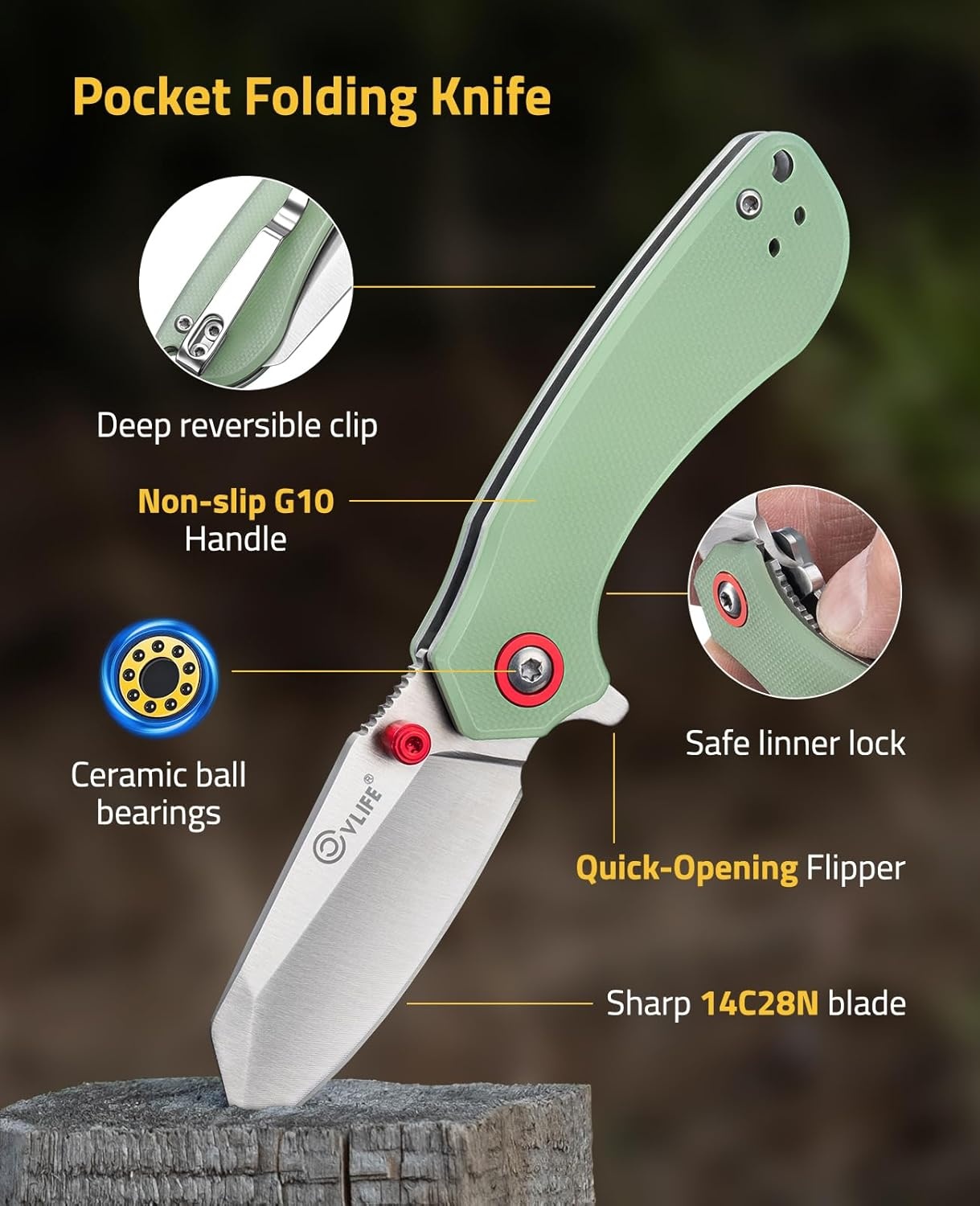 image:imageCVLIFE Pocket Folding Knife with 212 14C28N Stainless Steel Blade Ergonomic G10 Handle Small EDC Knives with Deep Reversible Clip LinerLock Flipper for Men Women Ideal for Outdoor Daily Camping Survival GreenGreen