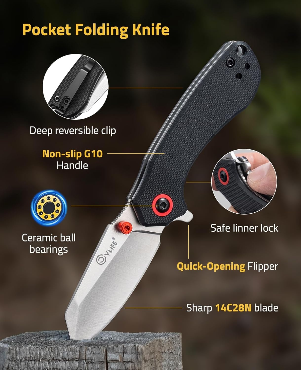 image:imageCVLIFE Pocket Folding Knife with 212 14C28N Stainless Steel Blade Ergonomic G10 Handle Small EDC Knives with Deep Reversible Clip LinerLock Flipper for Men Women Ideal for Outdoor Daily Camping Survival GreenBlack