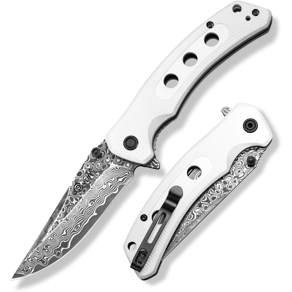 image:imageCVLIFE Damascus Pocket Knife for Men 326 EDC Folding Knife Forged with 66Layer VG10 Steel Smooth Flipper Open Pocket Knives with G10 Handle for Camping Hiking Everyday Carry WhiteWhite